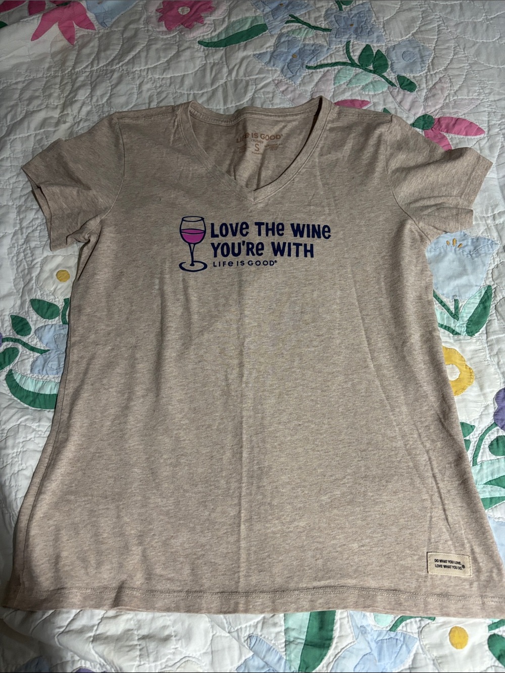 Life Is Good Beige V-Neck Tee with Wine Glass Graphic